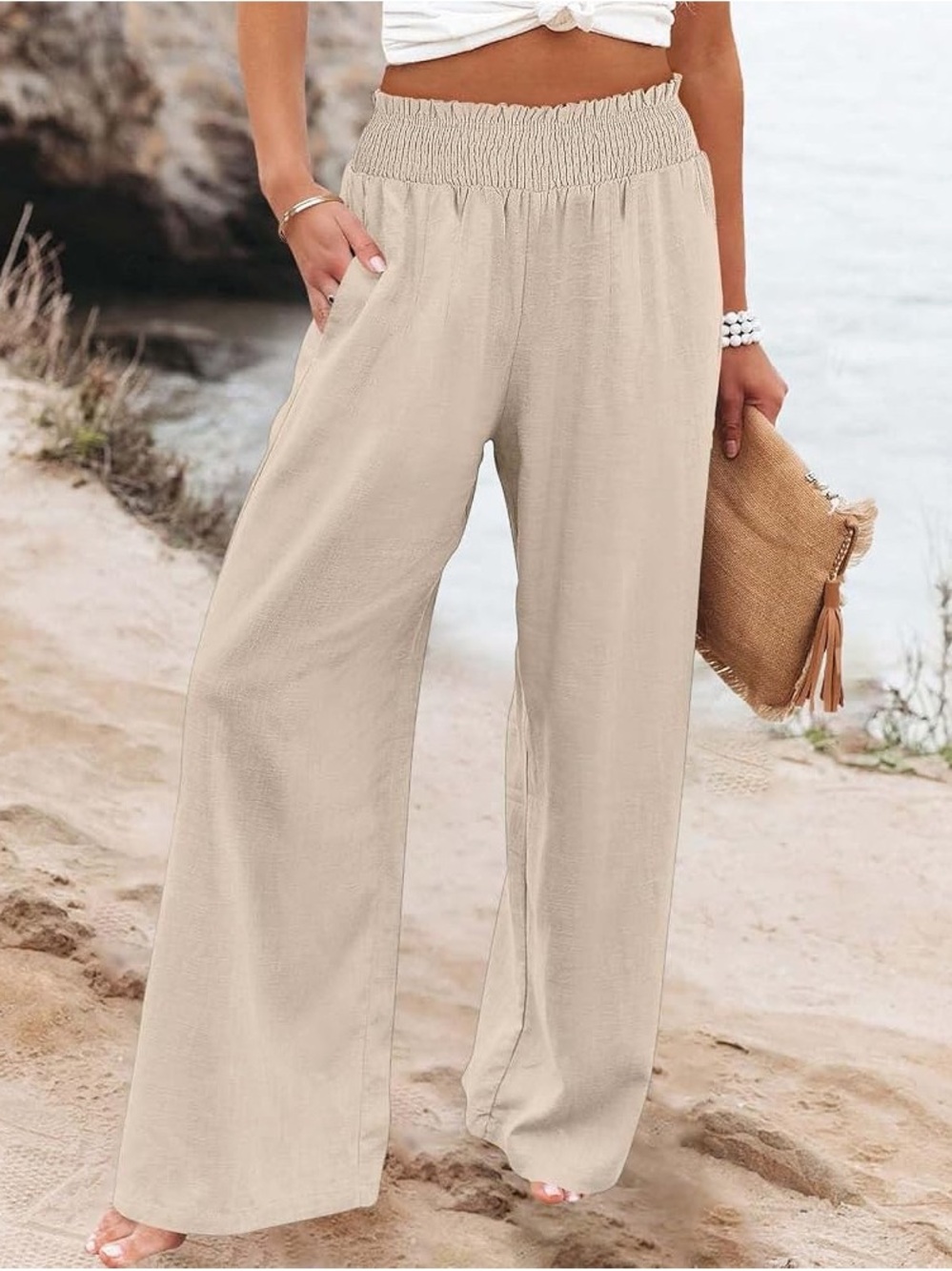SHEIN Beige Smocked Waist Wide-Leg Pants